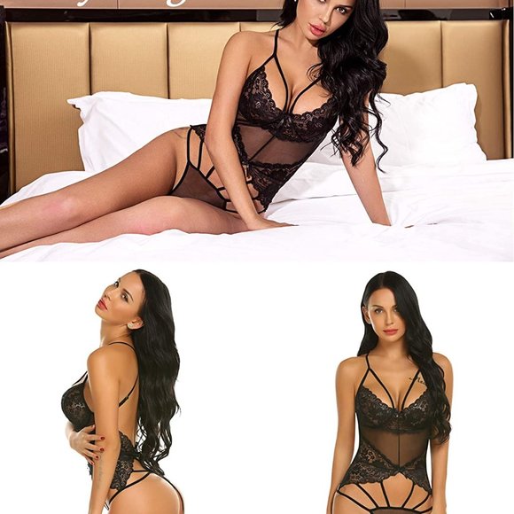 Womens Sexy Lace Babydoll Bodysuit Deep V - Picture 3 of 6